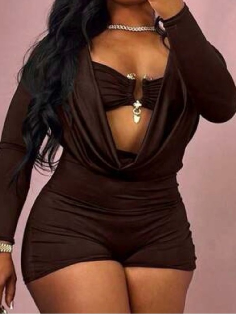 Women's Deep V Long Sleeve Brown Jumpsuit